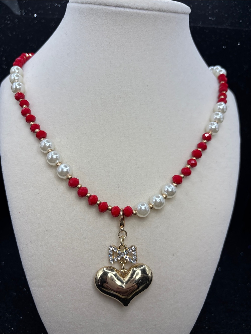 Pearl & Red Bead Necklace with Gold Heart Pendant - Picture 3 of 5